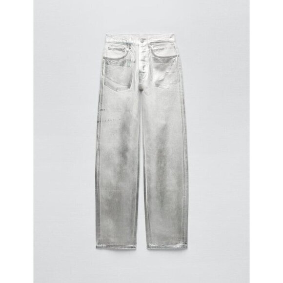 NWT Zara silver foil relaxed fit straight leg mid waist jeans, 4 - Picture 4 of 13